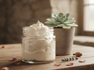 A clear glass jar filled with creamy, homemade whipped body butter resting on a rustic wooden table next to a vibrant green plant.
