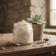 A clear glass jar filled with creamy, homemade whipped body butter resting on a rustic wooden table next to a vibrant green plant.