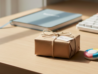 A bright desk featuring small gifts for teens and college students, including a light blue power bank, a small brown paper wrapped gift, a personal safety alarm, a spiral hair tie, and hand cream.