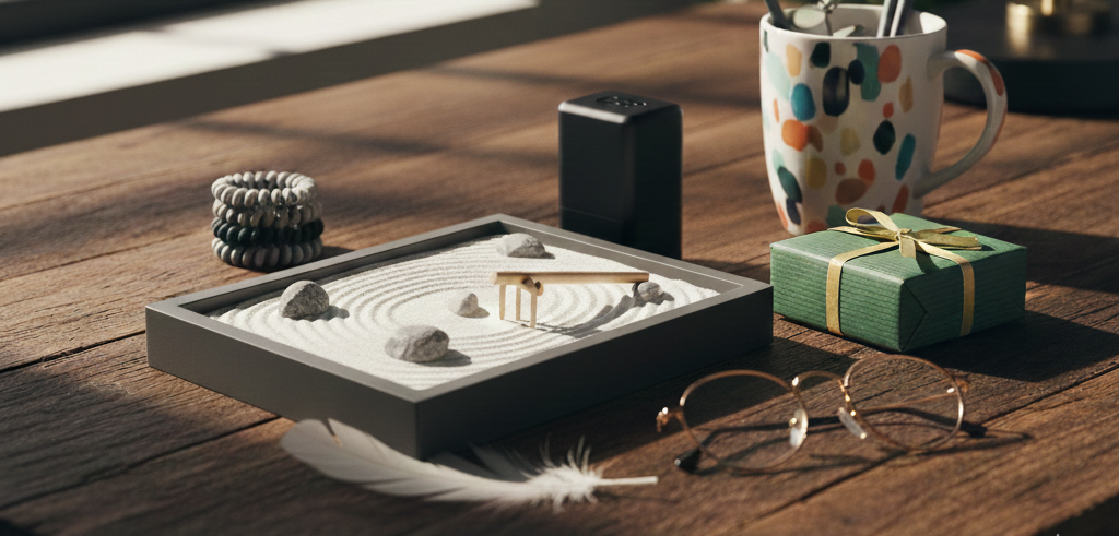 A collection of small gifts for teens and college students, including a minimalist zen garden, a powerbank, and a set of hair ties on a clean wooden desk.
