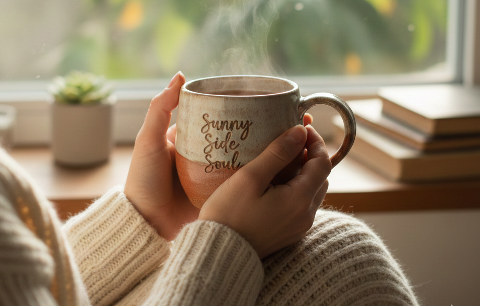 Hands holding a warm cup of tea. The cup says "Sunny Side Soul"