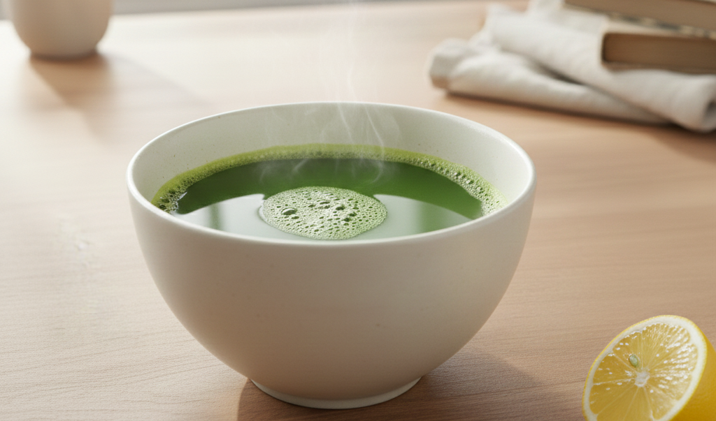 A warm cup of tea on a wooden table for a morning mindfulness ritual.