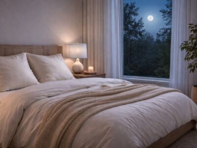 A tranquil, minimalist bedroom at night featuring a cozy bed with white linens, a glowing bedside lamp, and a large window showing a full moon over a dark forest.