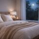 A tranquil, minimalist bedroom at night featuring a cozy bed with white linens, a glowing bedside lamp, and a large window showing a full moon over a dark forest.