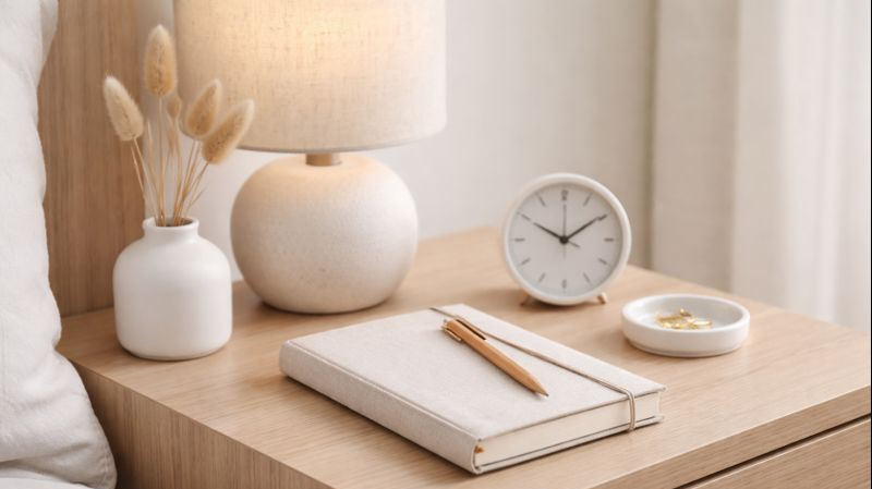 A minimalist wooden nightstand featuring a linen journal, a pen, and lamp.