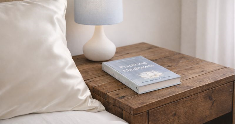 A minimalist wooden nightstand featuring aPracticing Minfulness book, and a lamp.