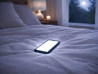 A peaceful bedroom at night with warm, low-level lighting from a bedside lamp and a candle, featuring a large window with a view of the moon to promote better sleep.