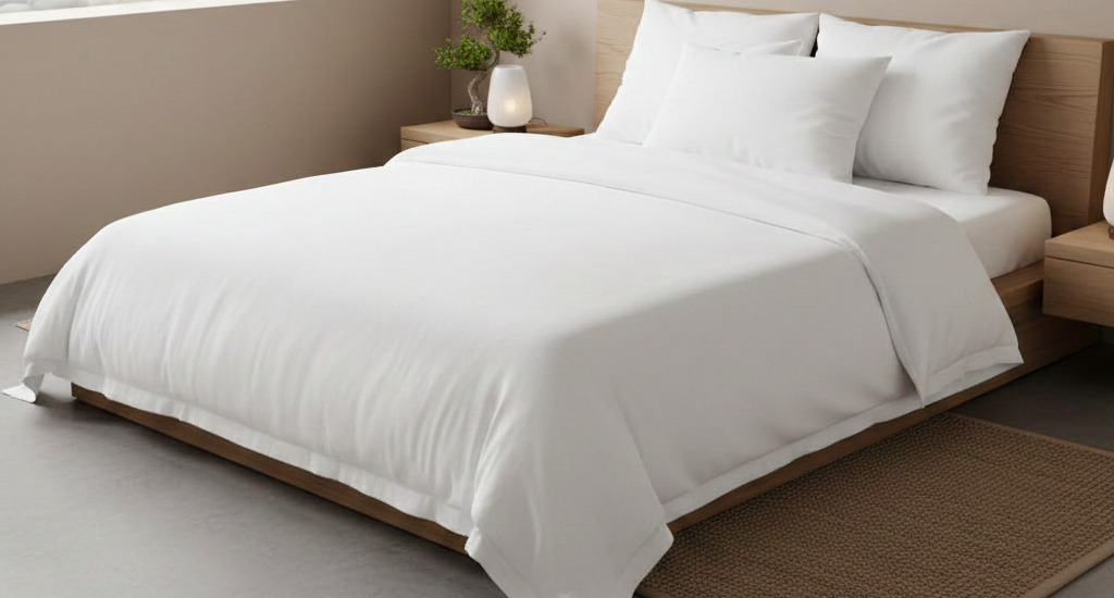 A bright and airy bedroom featuring a neatly made bed with crisp white sheets and a plush white duvet, illuminated by soft natural sunlight from a nearby window.