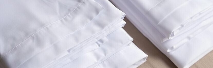Two neat stacks of crisp white bed sheets placed side by side on a light brown textured surface. Each stack consists of several folded sheets with clean, double-stitched hems and subtle piping details along the edges, giving a smooth, luxurious, hotel-like appearance. The fabric looks soft and finely woven, with gentle folds and shadows highlighting the texture.