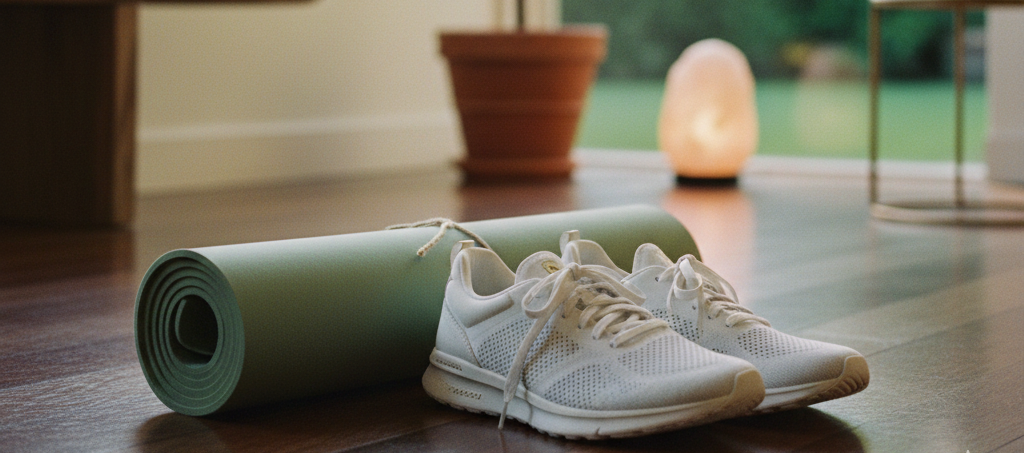 A yoga mat and sneakers in a sunlit room, representing a mindful way to build strength and consistency with a home workout routine.