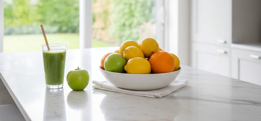 A refreshing green smoothie on a counter, showing how nutrition supports a mindful way to build strength and recover from burnout.