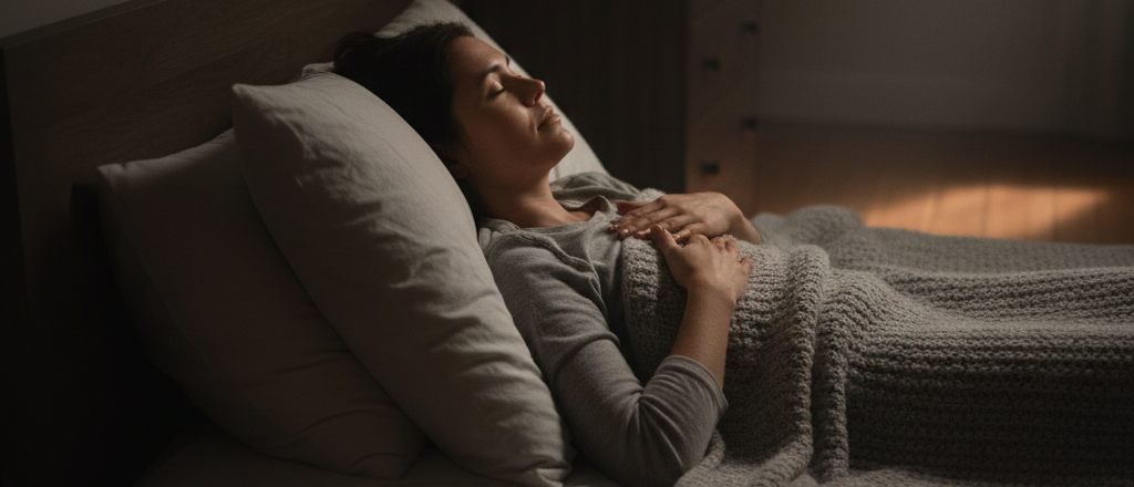 Woman practicing 4-7-8 breathing while staying in the dark at 3am.