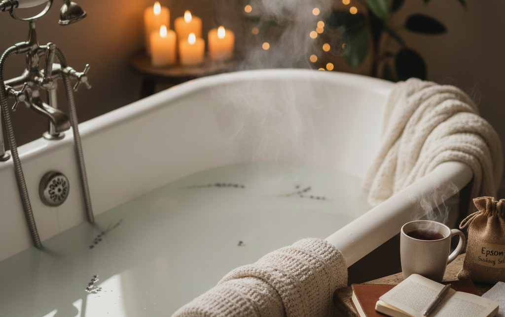 Warm steaming bath with epsom salts.