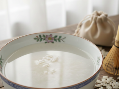 A close-up shot of a decorative ceramic bowl filled with cloudy white rice water and soaked rice grains on a wooden table, next to a small cloth bag and a bamboo whisk.