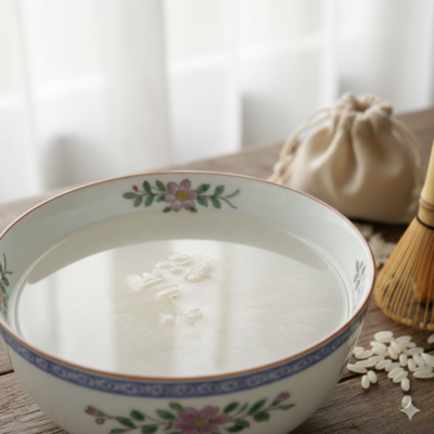 A close-up shot of a decorative ceramic bowl filled with cloudy white rice water and soaked rice grains on a wooden table, next to a small cloth bag and a bamboo whisk.