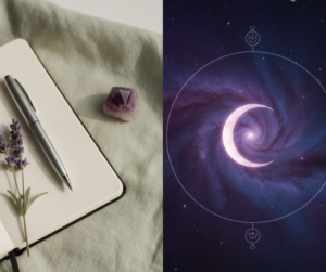 A minimalist wellness flatlay featuring a sage green background, a glowing purple crescent moon, a journal, and lavender for soulful living and mindfulness.