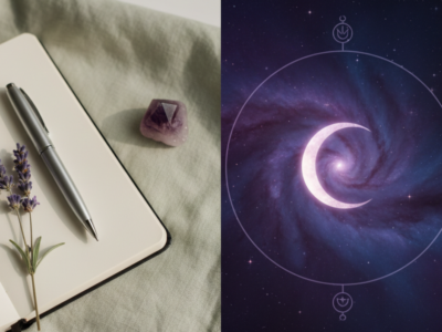 A minimalist wellness flatlay featuring a sage green background, a glowing purple crescent moon, a journal, and lavender for soulful living and mindfulness.