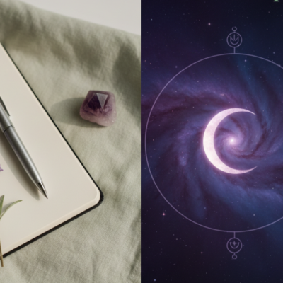 A minimalist wellness flatlay featuring a sage green background, a glowing purple crescent moon, a journal, and lavender for soulful living and mindfulness.