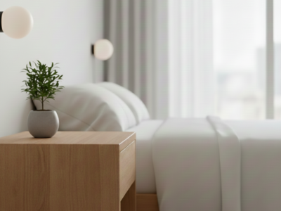 A minimalist wooden nightstand in a bright, white bedroom featuring a single small green plant in a grey pot, representing a peaceful and clutter-free sleeping environment.
