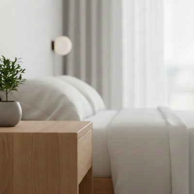 A minimalist wooden nightstand in a bright, white bedroom featuring a single small green plant in a grey pot, representing a peaceful and clutter-free sleeping environment.