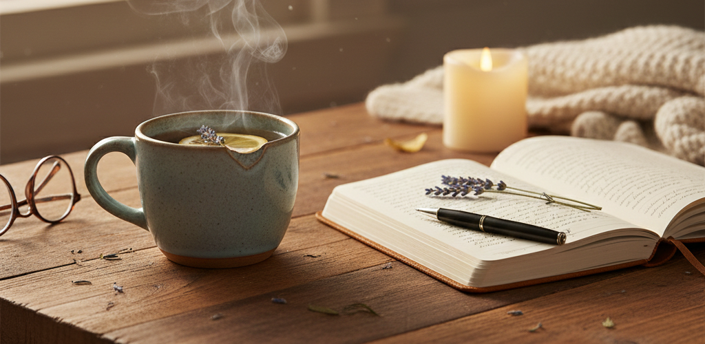 Cup of steaming tea and a journal on a wood table.