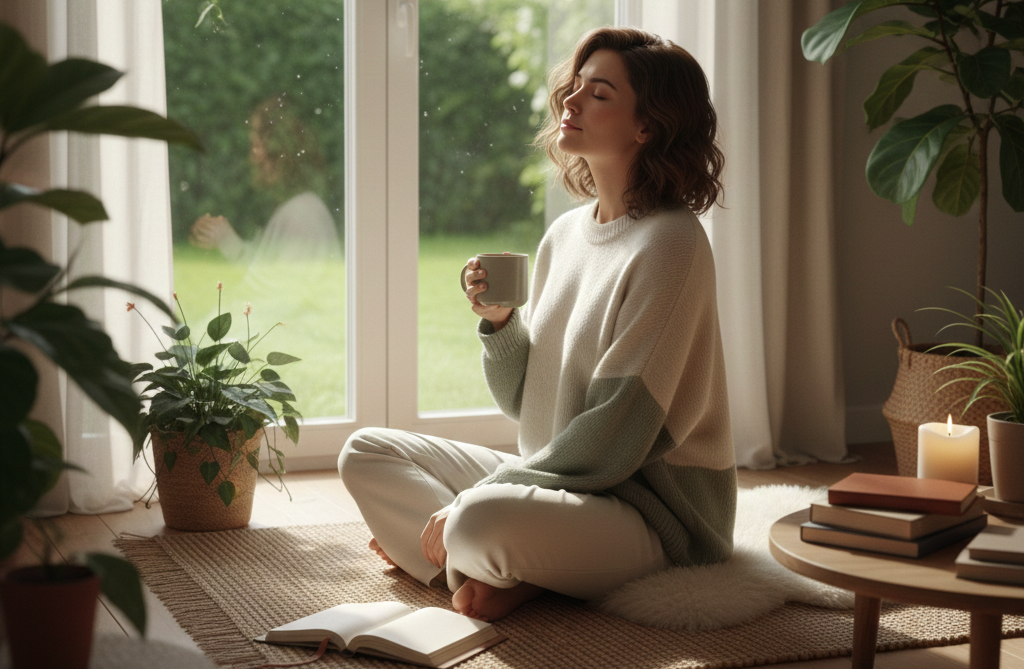 Woman relaxing in calm environment with a cup of tea.