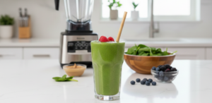 A tall glass of green nourishing post-workout smoothie on a bright kitchen counter next to a blender and fresh spinach.