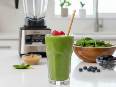 A tall glass of green nourishing post-workout smoothie on a bright kitchen counter next to a blender and fresh spinach.
