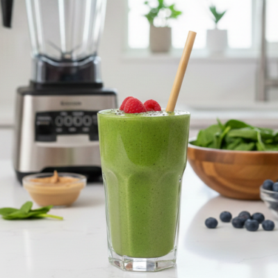 A tall glass of green nourishing post-workout smoothie on a bright kitchen counter next to a blender and fresh spinach.