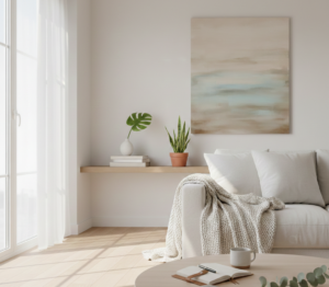 A bright, minimalist living room with a cream-colored sofa, light wood floors, and soft natural sunlight streaming through white linen curtains, representing a peaceful and clutter-free home.