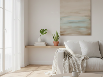 A bright, minimalist living room with a cream-colored sofa, light wood floors, and soft natural sunlight streaming through white linen curtains, representing a peaceful and clutter-free home.