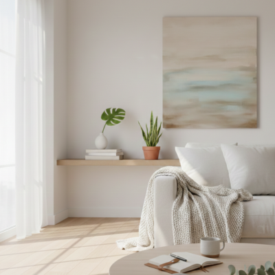 A bright, minimalist living room with a cream-colored sofa, light wood floors, and soft natural sunlight streaming through white linen curtains, representing a peaceful and clutter-free home.