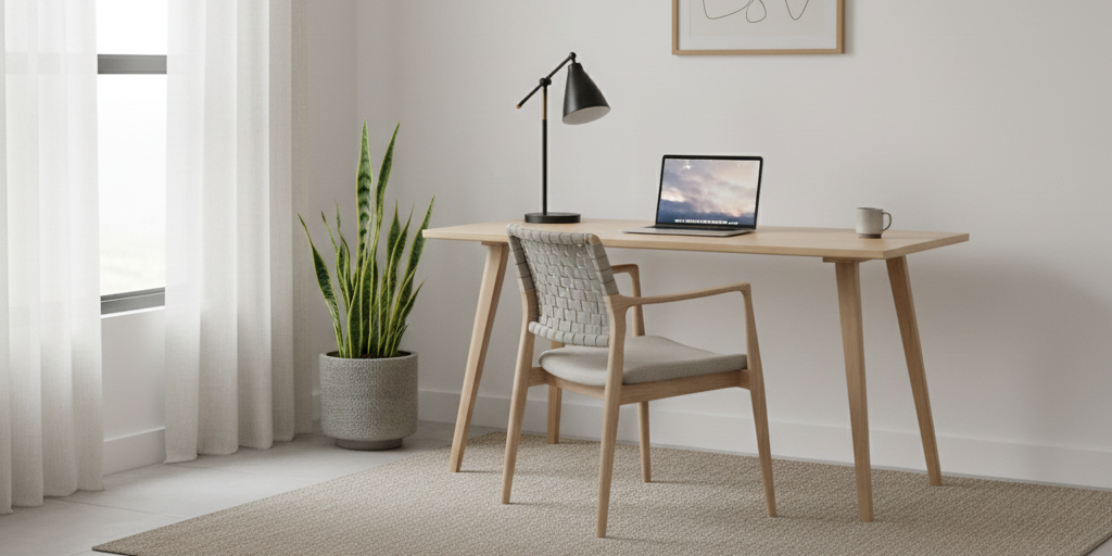 A ultra-minimalist home office with a sleek wooden desk, a single laptop, and a comfortable chair in a bright room with no clutter.