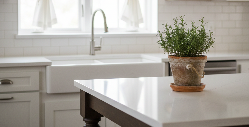 A bright farmhouse kitchen featuring a clean white countertop with a single small potted plant, a window above the sink with a decorative curtain, and warm natural lighting.