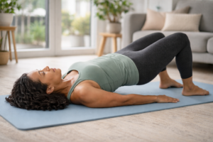 Woman performing a gentle bridge exercise on a yoga mat at home, representing core and pelvic floor support