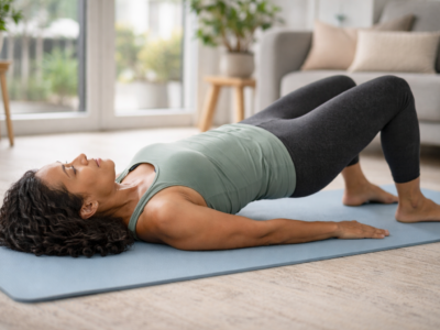 Woman performing a gentle bridge exercise on a yoga mat at home, representing core and pelvic floor support