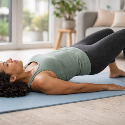 Woman performing a gentle bridge exercise on a yoga mat at home, representing core and pelvic floor support