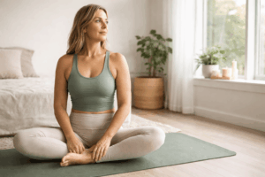 Woman sitting on yoga mat representing pelvic floor support for women over 40