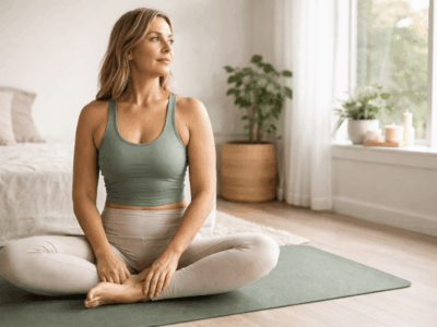 Woman sitting on yoga mat representing pelvic floor support for women over 40