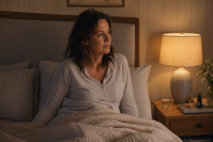 Woman sitting up in bed at night representing nocturia and nighttime urination in women over 40