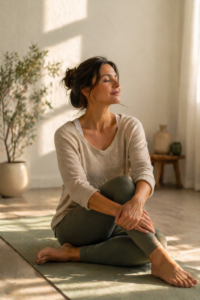Woman in her late 40s sitting by a window representing bladder health and pelvic floor awareness for women over 40