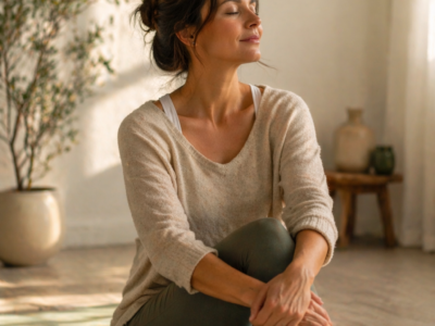 Woman in her late 40s sitting by a window representing bladder health and pelvic floor awareness for women over 40