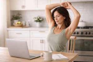 Woman with dark hair sitting at a kitchen table stretching her arms overhead in natural light, representing gentle movement and core support