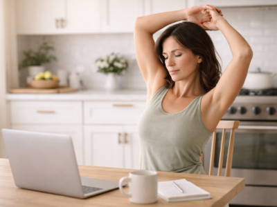 Woman with dark hair sitting at a kitchen table stretching her arms overhead in natural light, representing gentle movement and core support