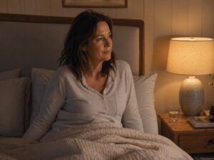 Woman sitting up in bed at night representing nocturia and nighttime urination in women over 40