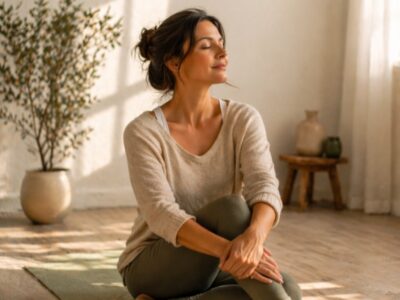 Woman in her late 40s sitting by a window representing bladder health and pelvic floor awareness for women over 40