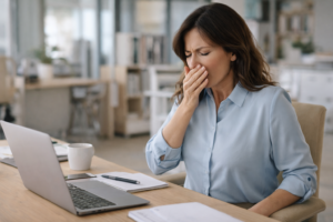 Woman at a desk in a bright office covering her mouth while sneezing, representing common moments when pelvic floor support may be challenged