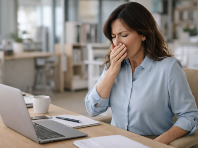 Woman at a desk in a bright office covering her mouth while sneezing, representing common moments when pelvic floor support may be challenged