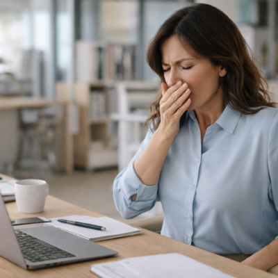 Woman at a desk in a bright office covering her mouth while sneezing, representing common moments when pelvic floor support may be challenged