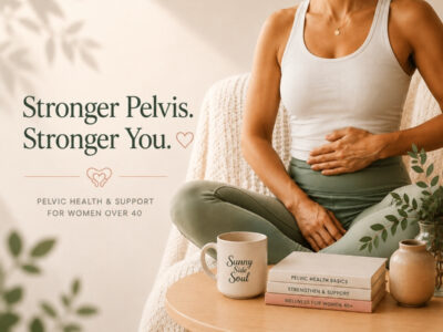 Woman in neutral activewear sitting in a cozy sunlit space with pelvic health books and a Sunny Side Soul mug.